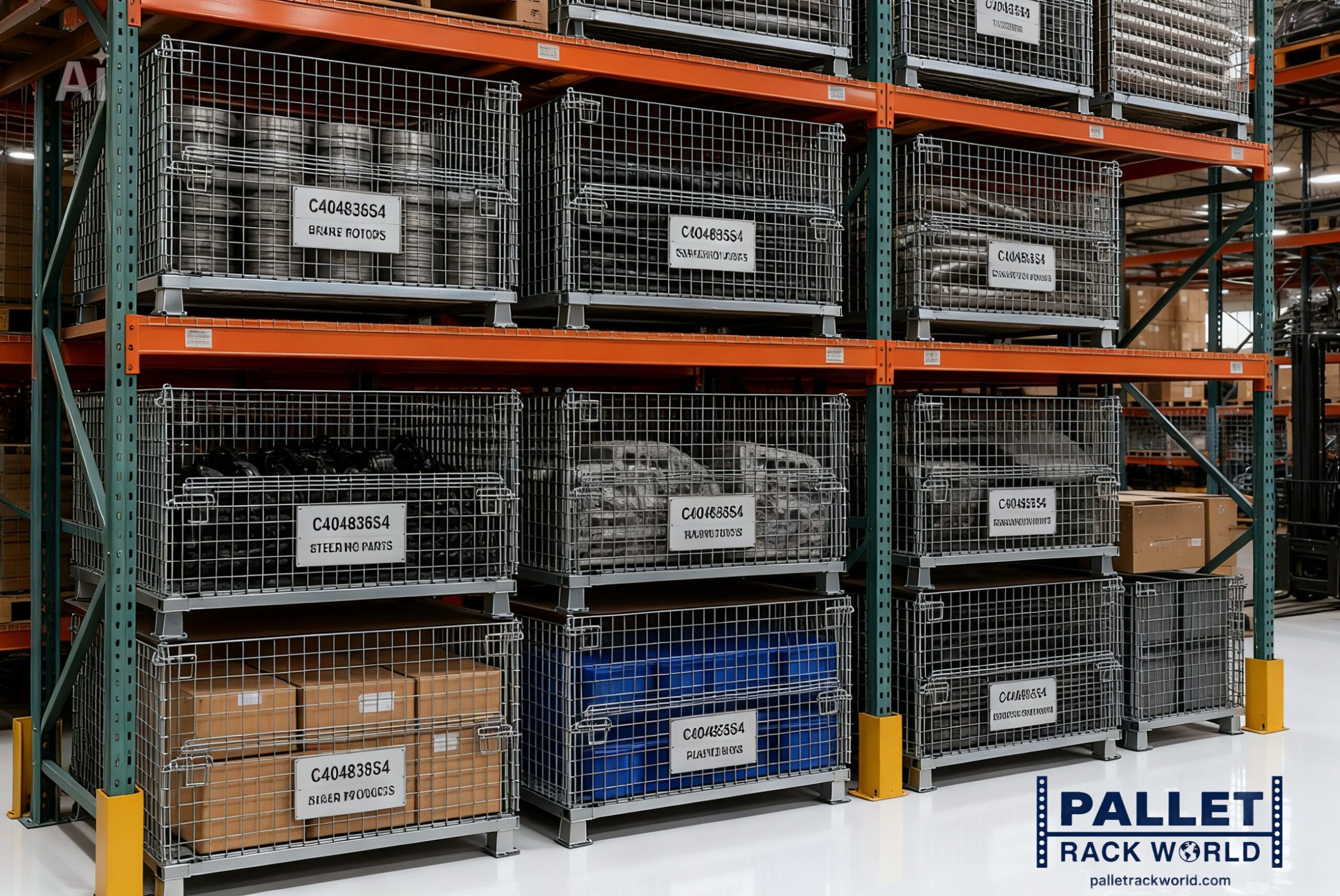 Storing parts in wire containers stored in a pallet rack system