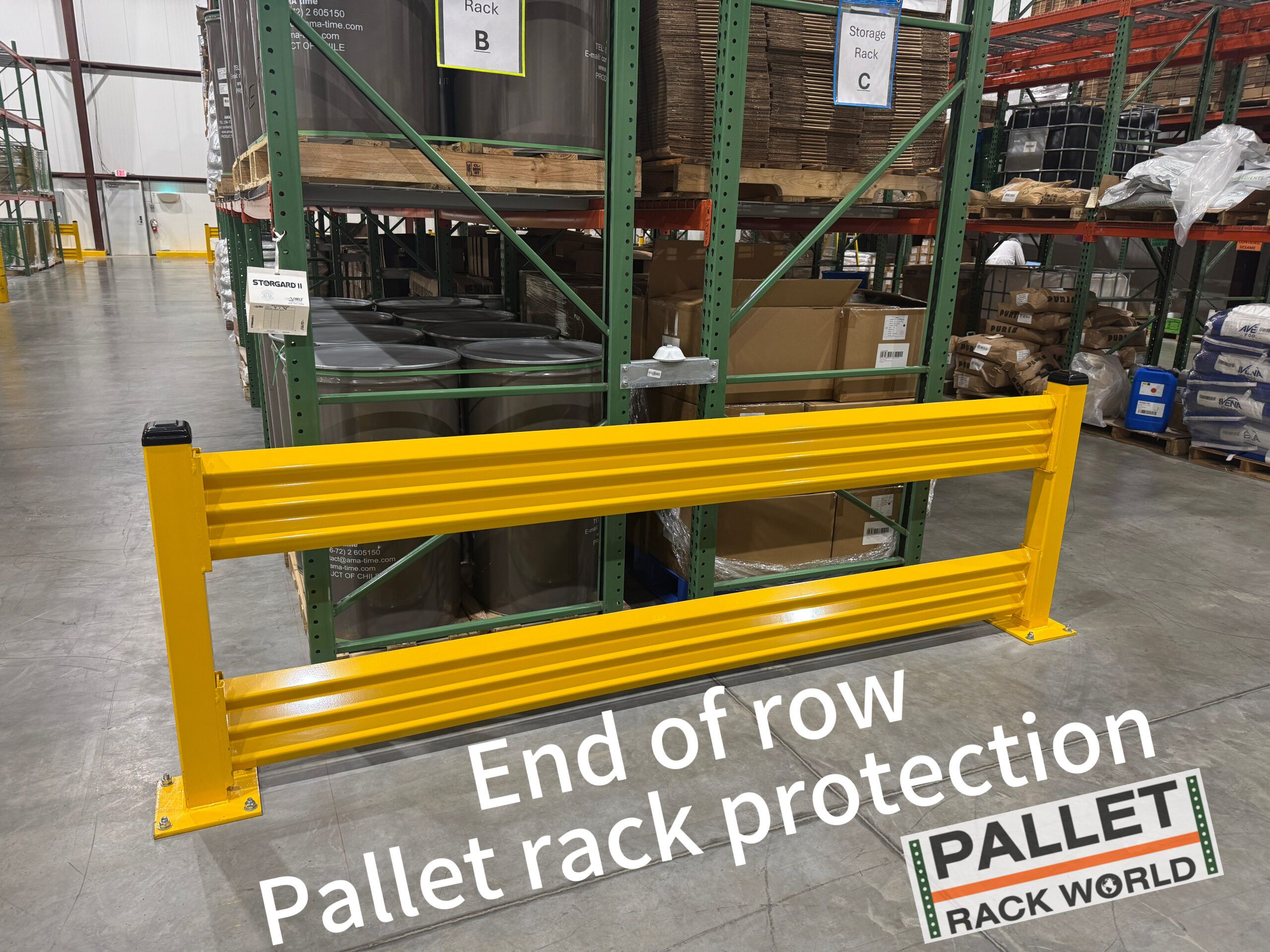 End of Row Pallet Rack Protection with Double Rail Guardrail